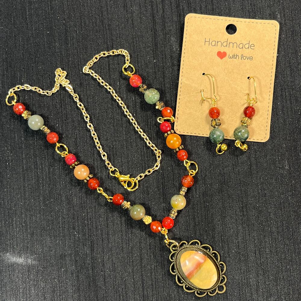 Mookaite Jasper Necklace Pendant Earrings Carnelian Agate Green Amber 20 inches